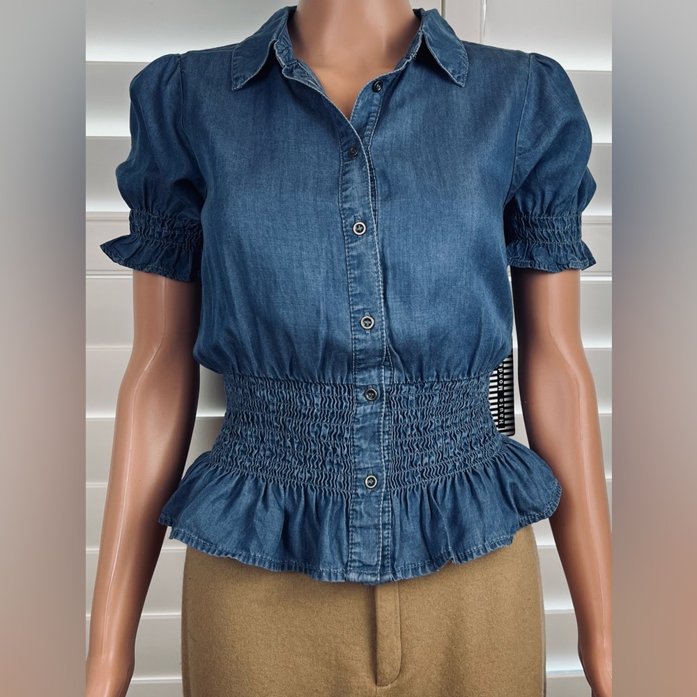 NWT- Chambray Smocked Blouse Sz S by Haute Monde